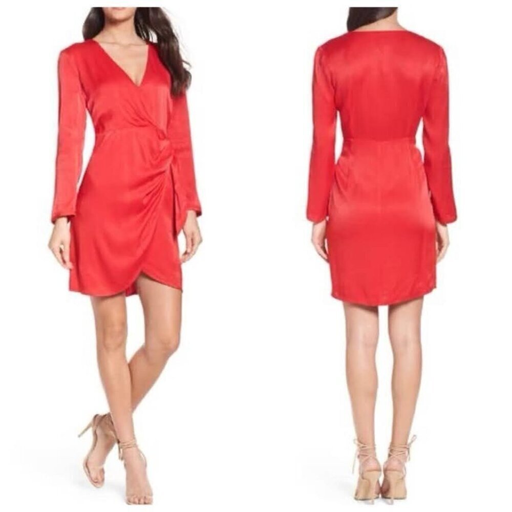 Bardot Revolve Satin Plunging Wrap Dress Sz 8/M Raspberry Side Tie Closure